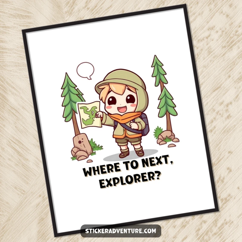 Funny free printable wall art: A character cheerfully holding a map, pointing towards an unknown trail, inspiring adventure.