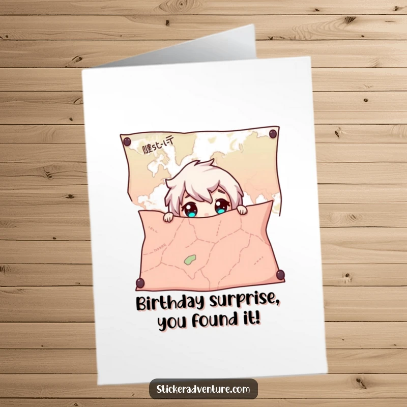Funny free printable birthday card: a character with wide eyes peeking out from behind a huge, unfolded map.