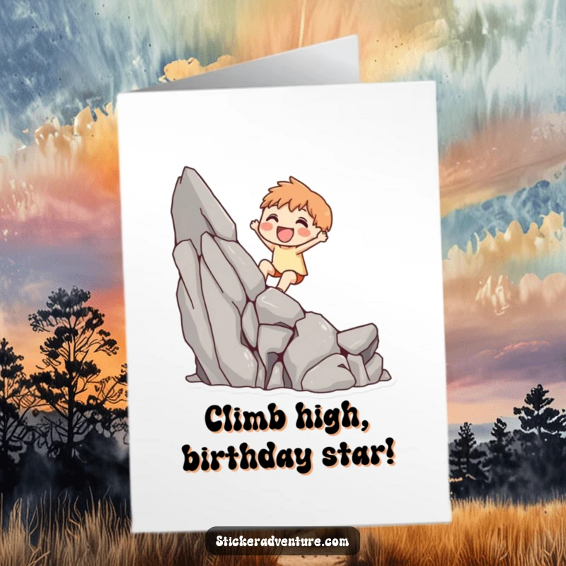 Funny Free Printable Birthday Card showcasing a cute character triumphantly scaling a rocky cliff with a huge smile.