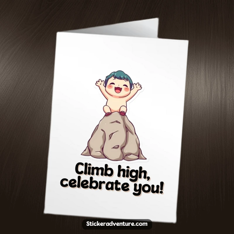 Funny Free Printable Birthday Card: Cute character beams with joy while scaling a small rocky outcrop.