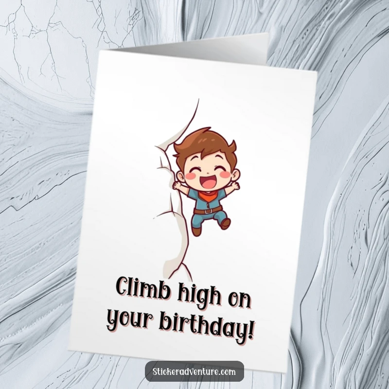 Funny Free Printable Birthday Card of a character enthusiastically scaling a cliff face with a determined smile.