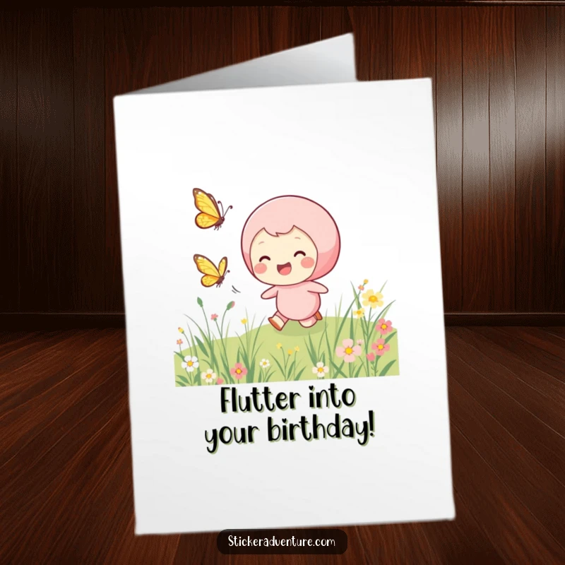 Funny Free Printable Birthday Card: A smiling character joyfully pursues a butterfly through a sunny meadow, spreading cheer.