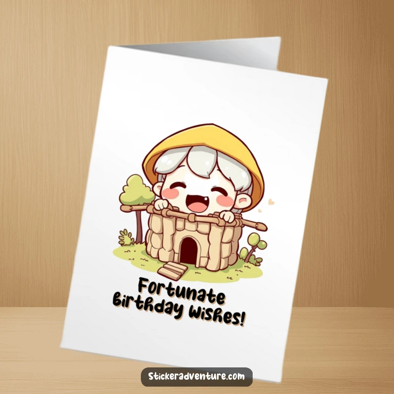 Funny Free Printable Birthday Card: A delighted character excitedly constructs a stick fort, ready to celebrate your birthday.