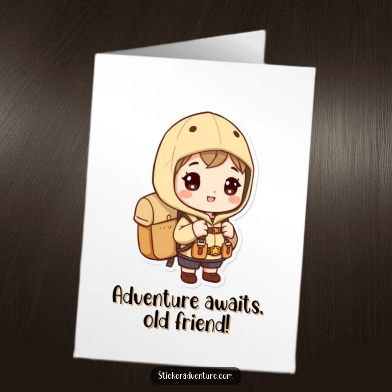 Funny Free Printable Birthday Card: Character wearing a backpack, looking eagerly towards the horizon, ready for birthday adventures.