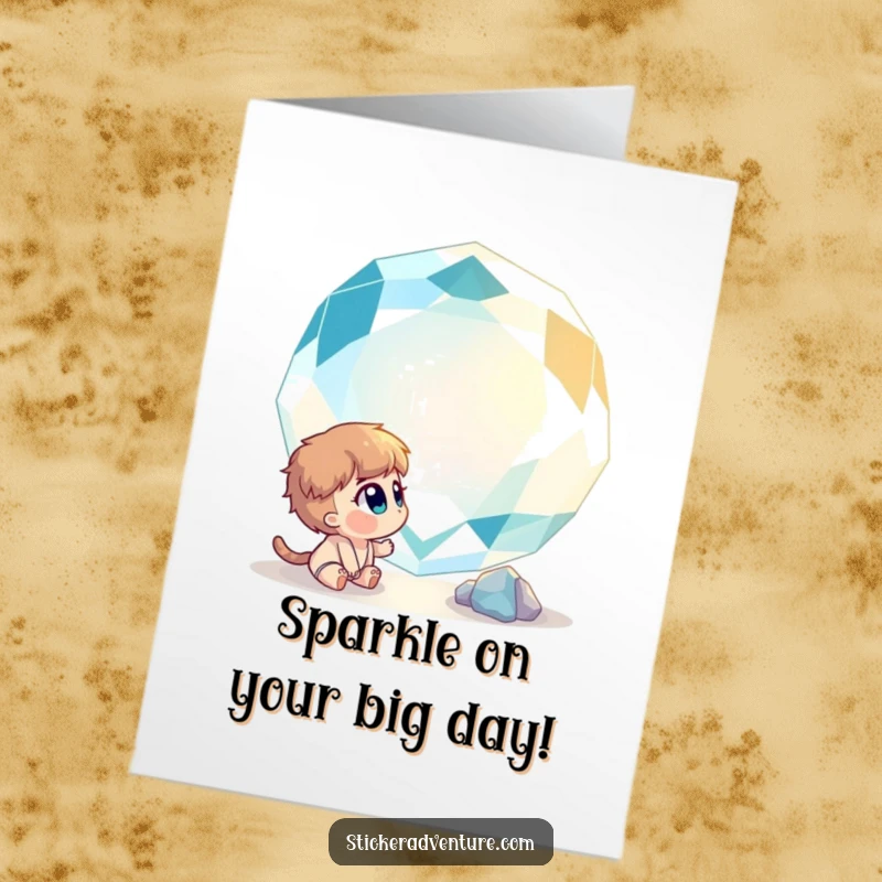 Funny Free Printable Birthday Card: Curious character gazing in awe at a giant, sparkling gemstone, full of wonder and delight.