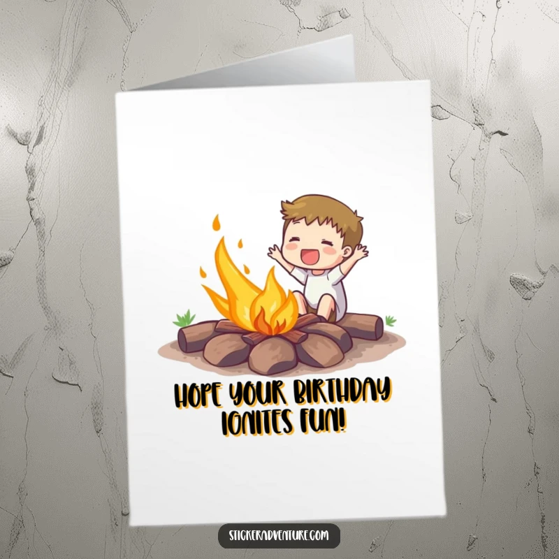 Funny Free Printable Birthday Card: Excited person gleefully setting a small campfire ablaze, a unique DIY gift.