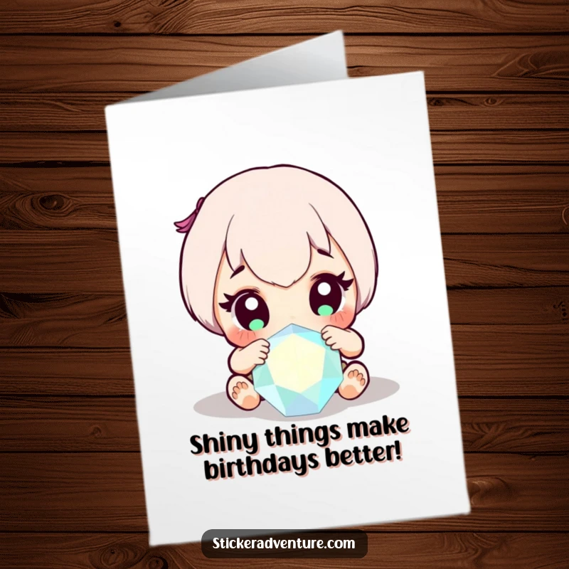 Funny Free Printable Birthday Card: Wide-eyed character gasps at a giant sparkling gem, a perfect DIY gift.