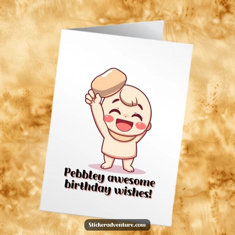 Funny Free Printable Birthday Card: Character beaming, holding a shiny pebble with pure joy, perfect for a laugh.