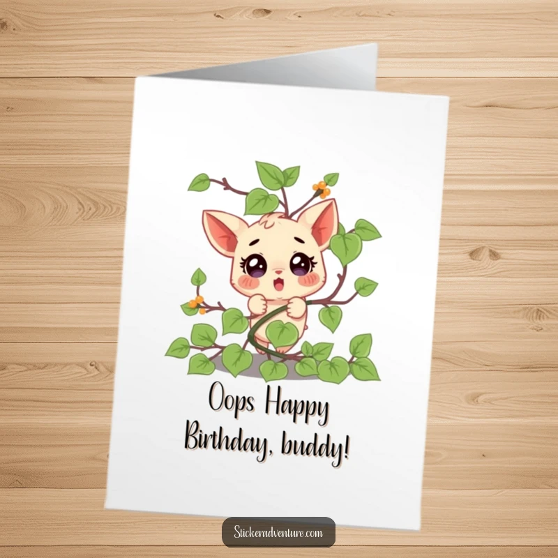 Funny Free Printable Birthday Card: Surprised character comically tangled in a vine, perfect for a laugh.
