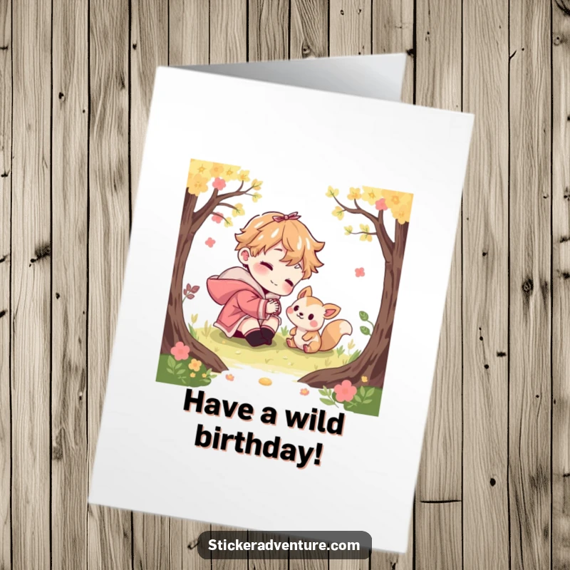Funny Free Printable Birthday Card: Character playfully interacting with a curious woodland creature, a delightful DIY gift for birthdays.