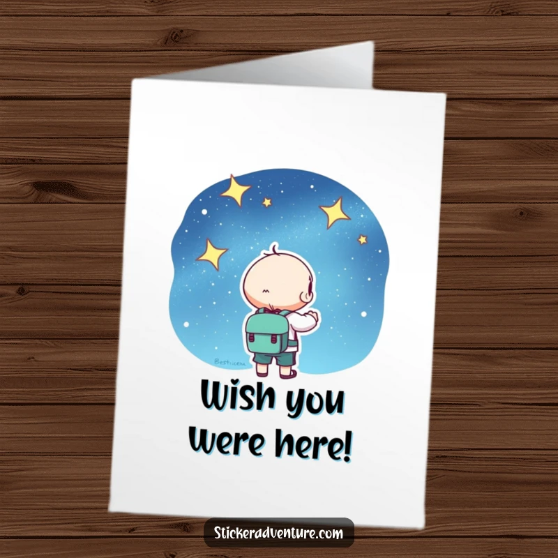Free Printable Birthday Card: Adorable kawaii character with backpack gazing at a magical starry night sky.