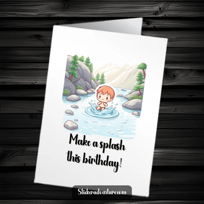 Funny Free Printable Birthday Card: Charming figure splashing playfully in a clear mountain stream, celebrating a birthday.