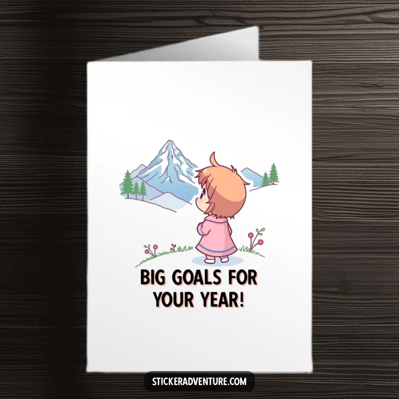 Funny Free Printable Birthday Card featuring a character looking with wonder at a distant mountain peak, dreaming of new heights.