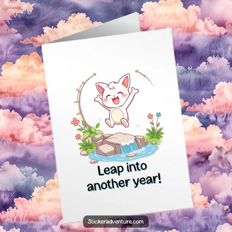 Funny Free Printable Birthday Card showing a happy character mid-air, triumphantly leaping over a sparkling blue stream.