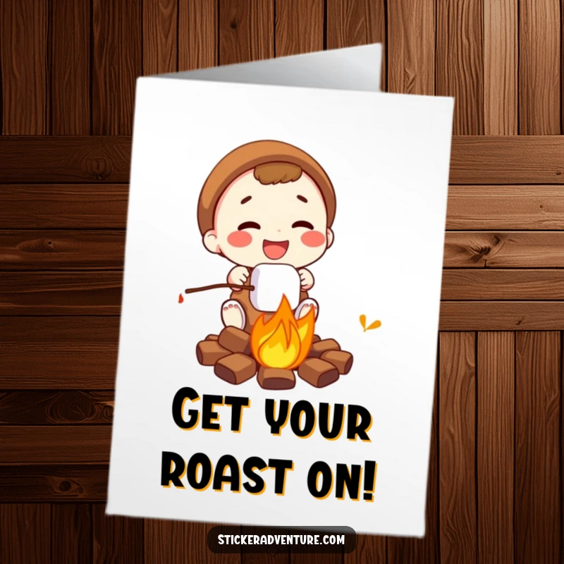 Funny Free Printable Birthday Card: Character gleefully roasting a perfectly golden marshmallow over a crackling campfire, radiating pure happiness.