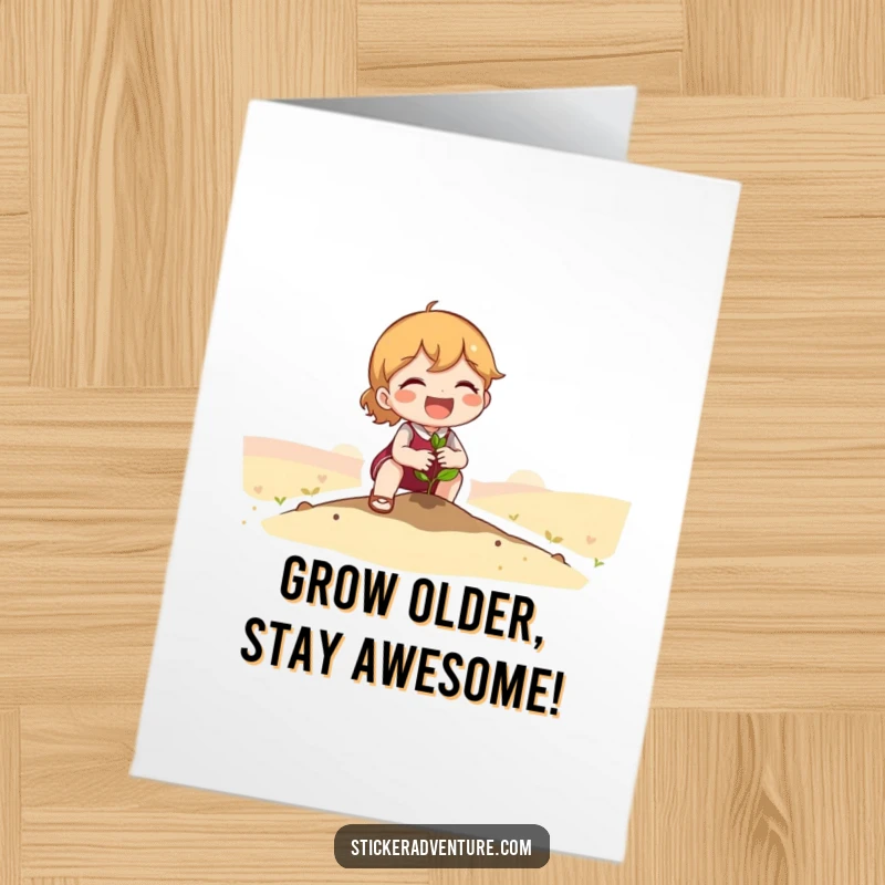 Funny Free Printable Birthday Card featuring a cute character joyfully planting a tiny seedling in a vast landscape.