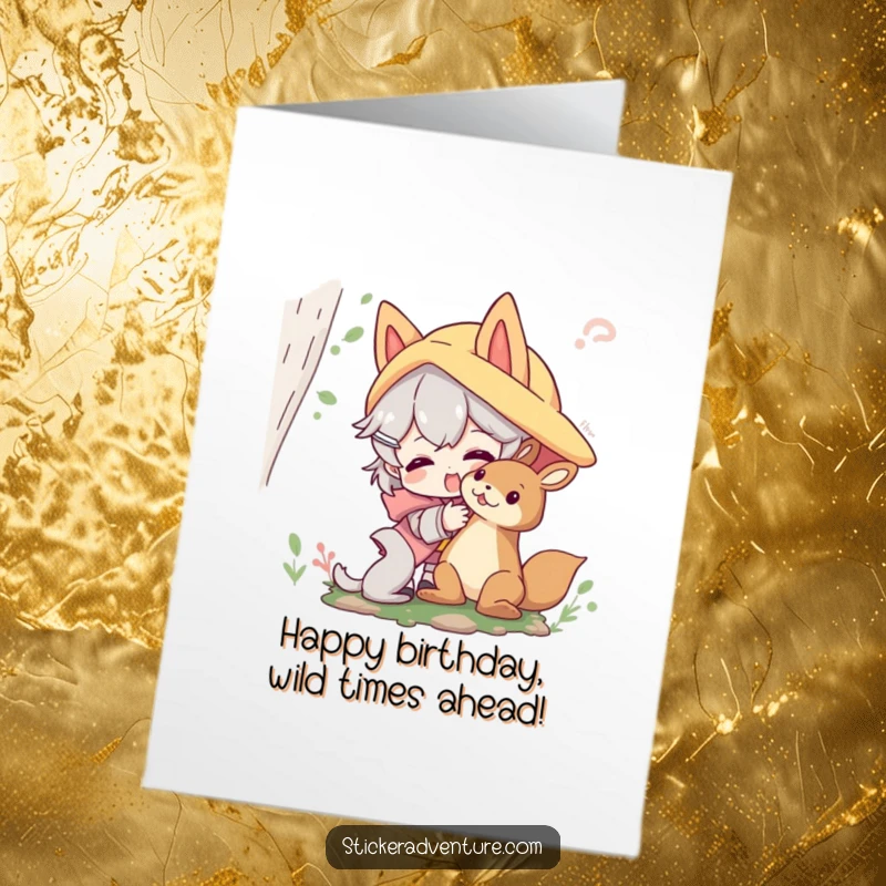 Funny Free Printable Birthday Card: Character playfully interacting with a friendly forest creature, wishing happy birthday.