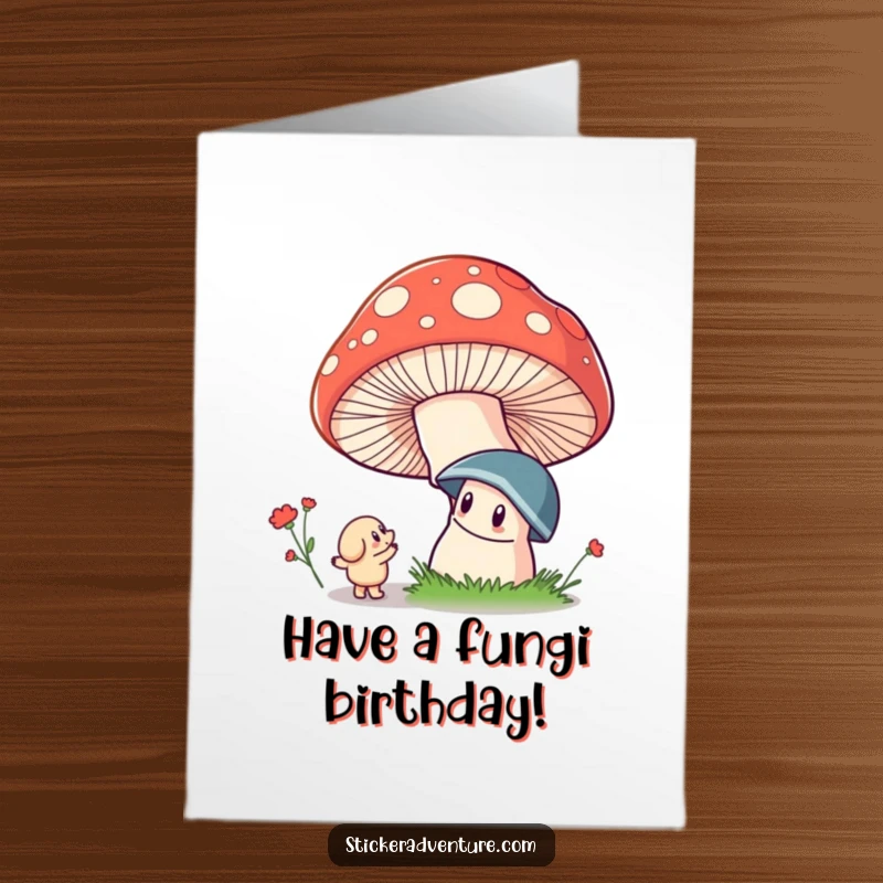 Funny Free Printable Birthday Card: Whimsical character in awe of a massive, vibrantly colored mushroom, pure delight.