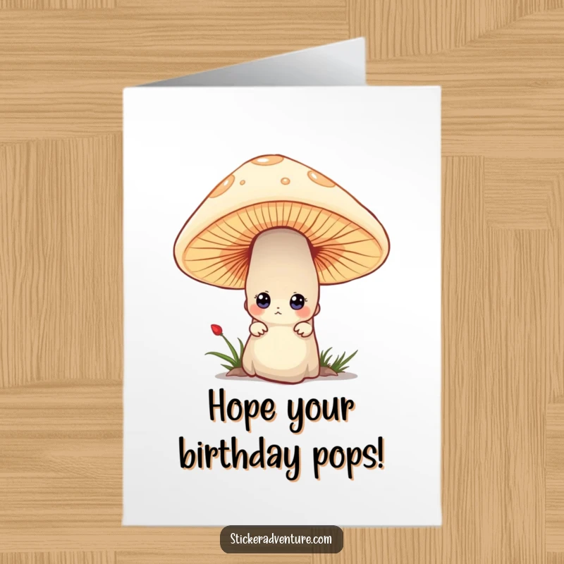 Funny Free Printable Birthday Card: Tiny character peeking curiously from behind a large mushroom, a delightful and humorous surprise for a birthday.
