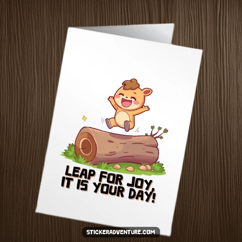 Funny Free Printable Birthday Card of a cute character joyfully leaping over a fallen log with a huge, wide grin.