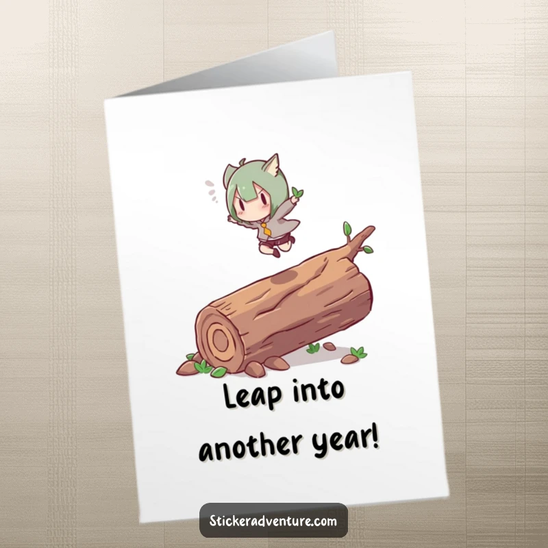 Funny Free Printable Birthday Card: Character leaping over a fallen log with energetic grace, a dynamic and fun DIY gift.