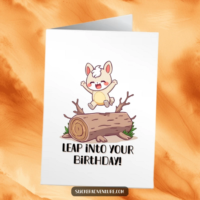 Funny free printable birthday card: Character playfully leaping over a fallen log with a joyful expression, embodying pure fun.