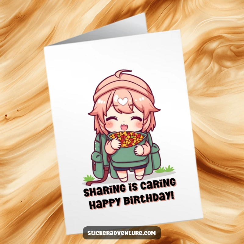 Funny Free Printable Birthday Card: Trail mix character with backpack happily offers a snack, perfect for sharing joy.