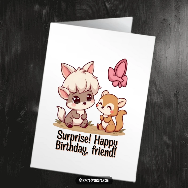 Funny Free Printable Birthday Card: Playful character surprised by a shy woodland creature peeking out, a unique gift.