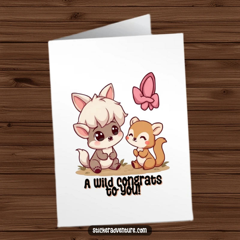 Funny Free Printable Congrats Card: Playful character wide-eyed at a shy woodland creature, a surprising DIY gift.