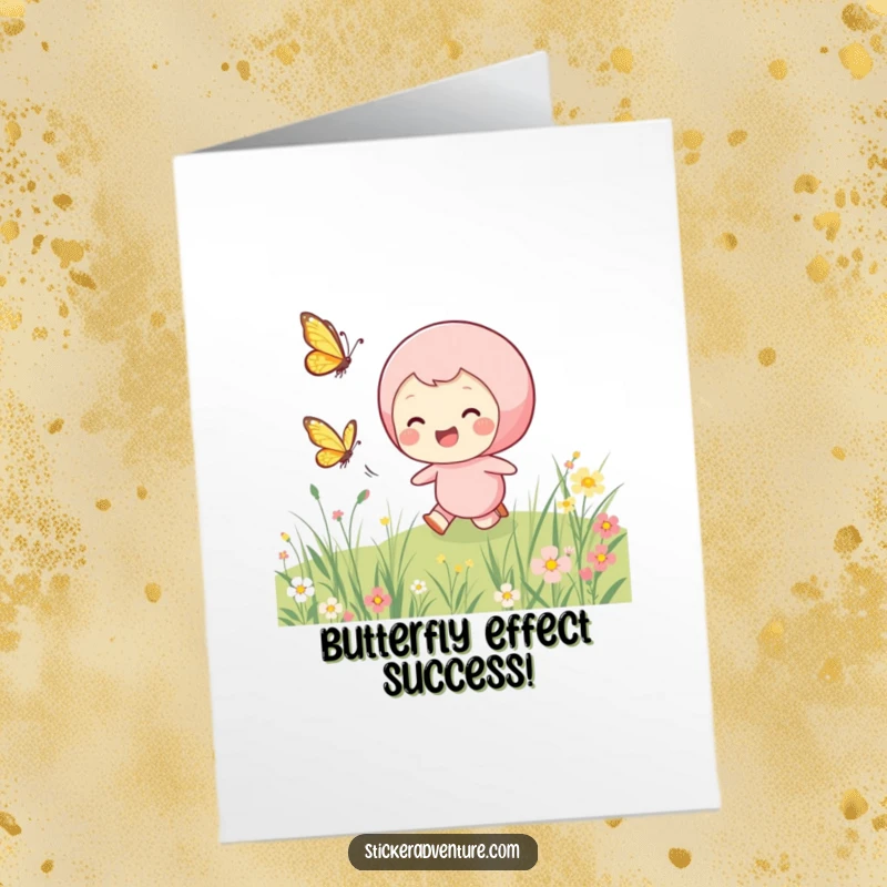 Funny Free Printable Congrats Card: A smiling character joyfully chases a butterfly, celebrating your light and airy success.