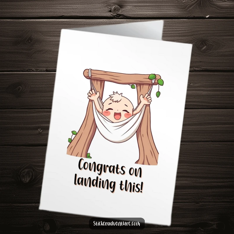 Free printable congratulations card: a character happily tangled in a hammock, arms flailing with pure, uninhibited joy.