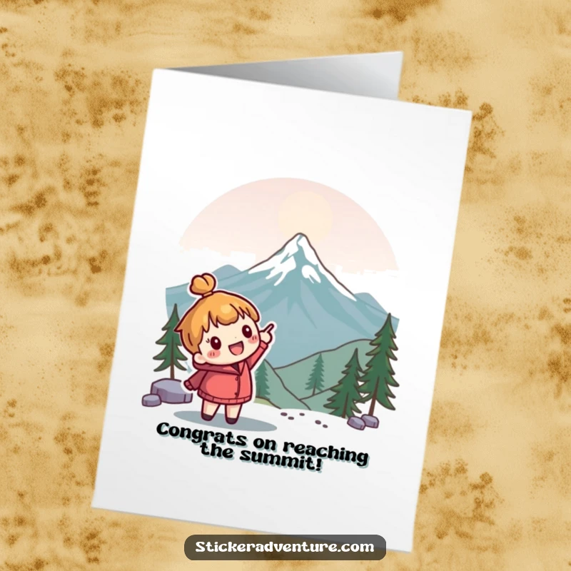 Funny Free Printable Congrats Card: Cute character enthusiastically pointing towards a distant mountain peak, celebrating success.