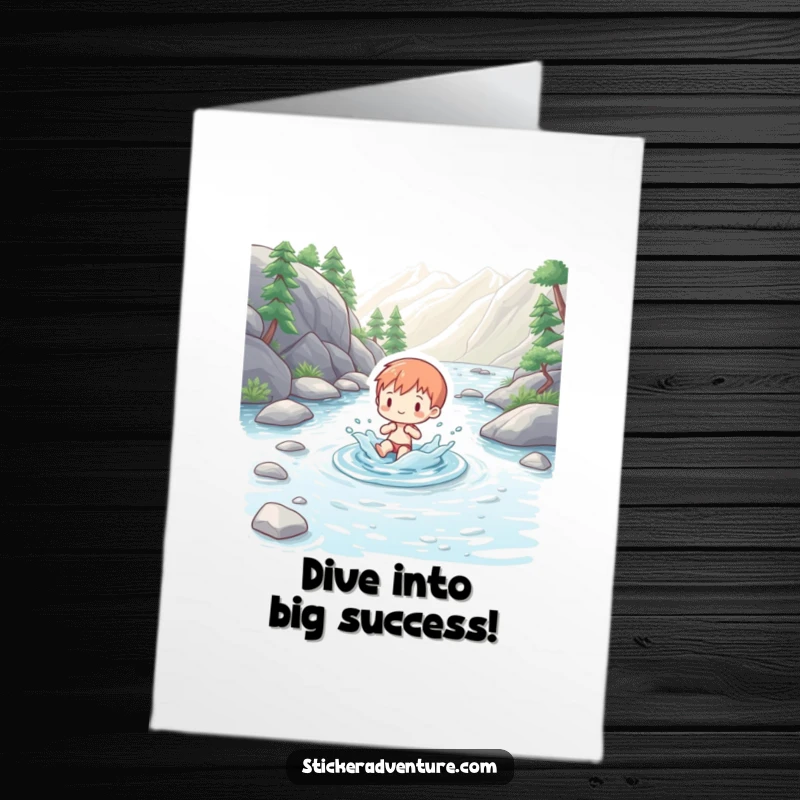 Funny Free Printable Congratulations Card: Charming figure splashing playfully in a clear mountain stream, celebrating an achievement.