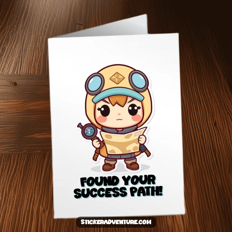 Funny Free Printable Congratulations Card: Determined kawaii character uses a map and compass to find their way.