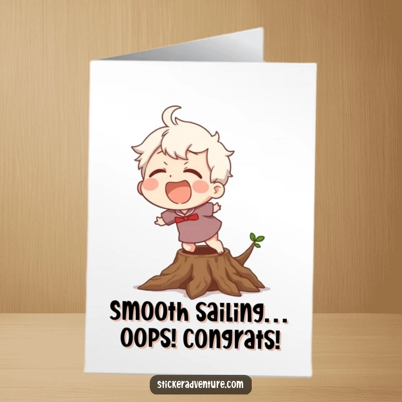 Funny Free Printable Congrats Card showing a character laughing while stumbling over a visible tree root.