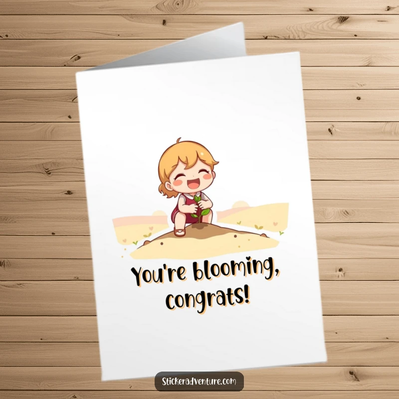 Funny Free Printable Congrats Card featuring a cute character joyfully planting a tiny seedling in a vast landscape.