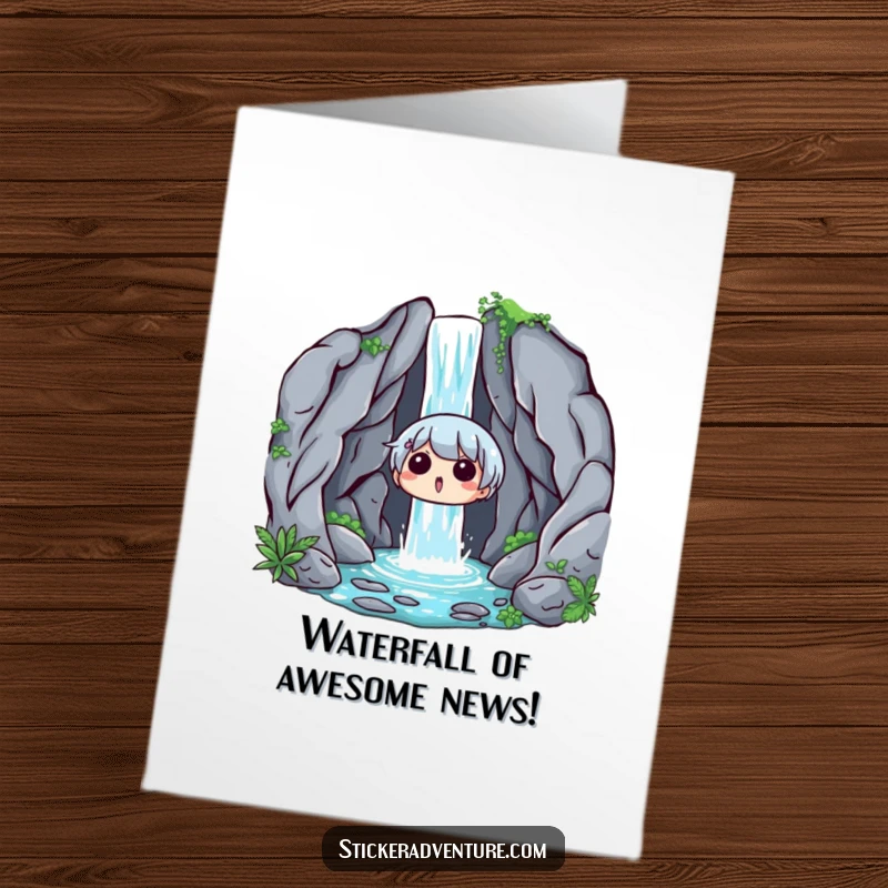 Funny Free Printable Congrats Card: Character with a look of surprise and delight at a hidden waterfall.