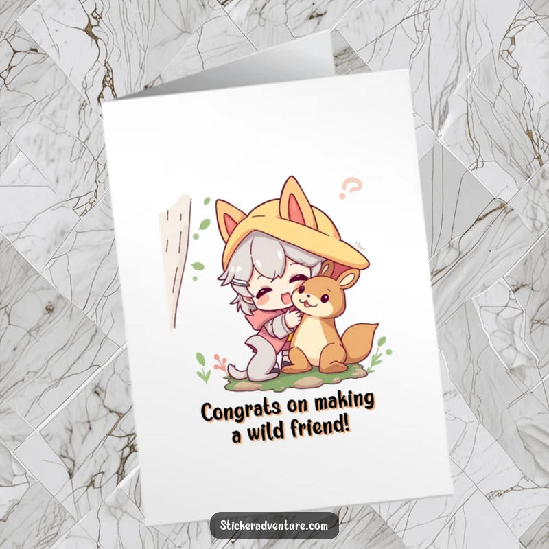 Funny Free Printable Congrats Card: Character playfully interacting with a friendly forest creature, celebrating success.