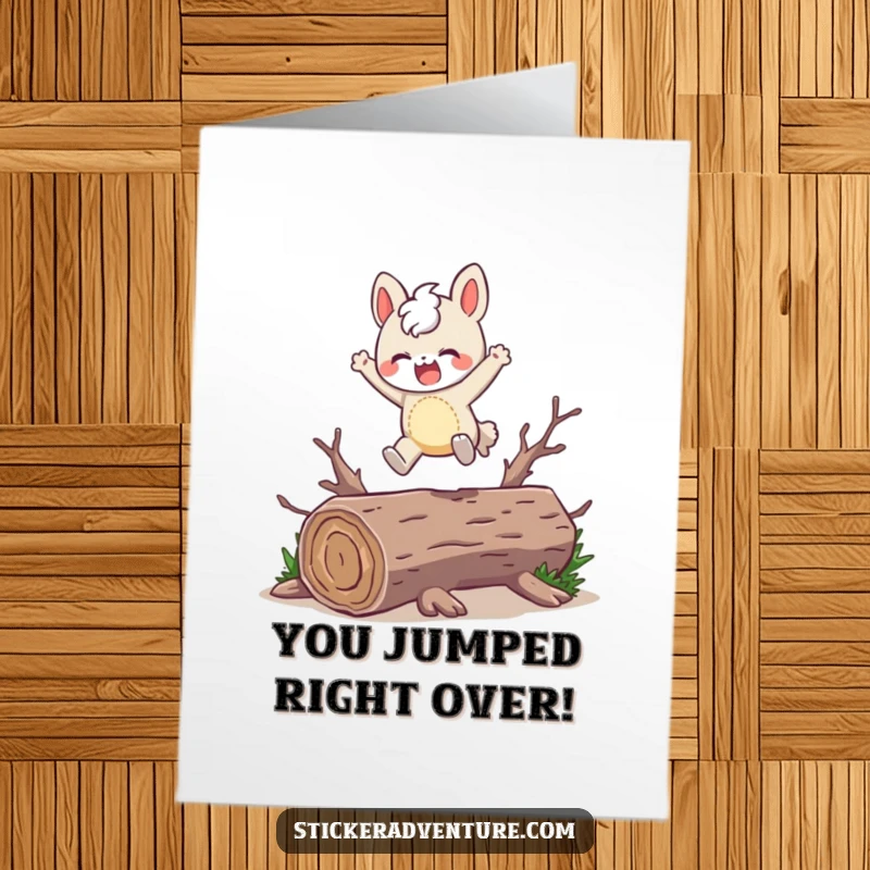 Funny free printable congratulations card: Character leaping over a fallen log with a joyful expression, signifying overcoming challenges.