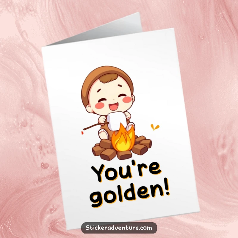 Funny Free Printable Congratulations Card: Character joyfully roasting a marshmallow over a campfire, symbolizing a sweet, well-deserved victory.