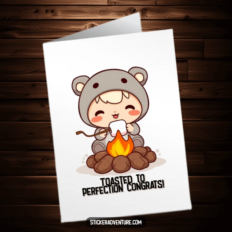 Funny Free Printable Congratulations Card showing a cute character roasting a marshmallow, celebrating a perfect, well-earned moment of joy.