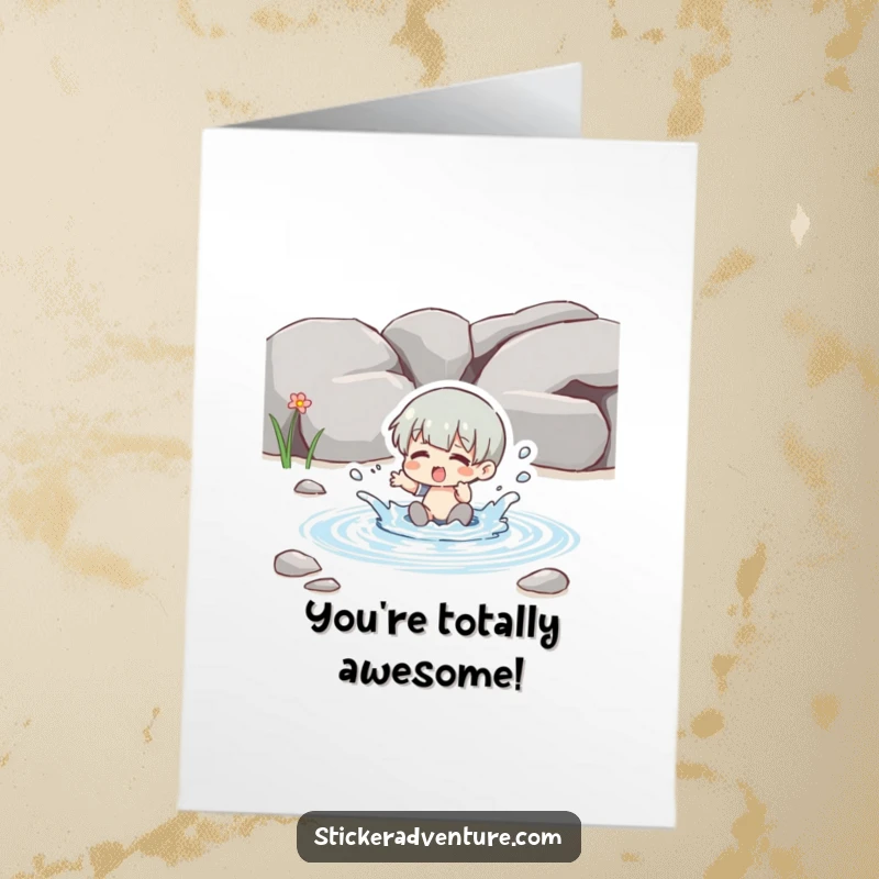 Funny Free Printable Congratulations Card: Character playfully splashing in a clear stream, celebrating a joyous accomplishment.