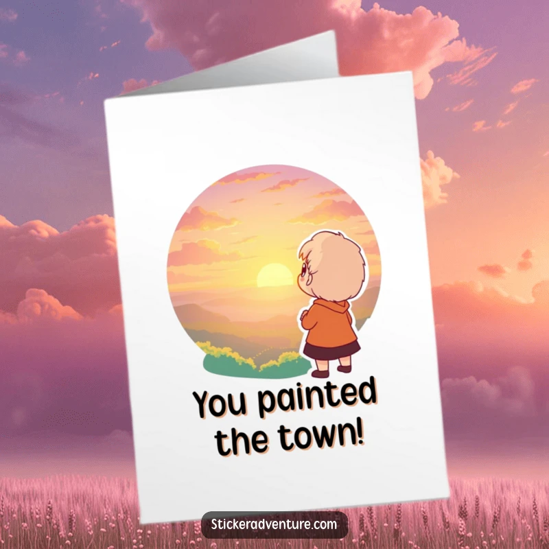 Free Printable Congrats Card: Character marveling at a stunning sunset, symbolizing a breathtaking achievement, perfect for a DIY gift.