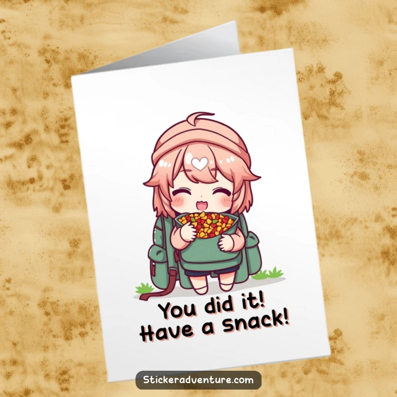 Funny Free Printable Congratulations Card: Trail mix character offers a tasty snack, celebrating good news with a smile.