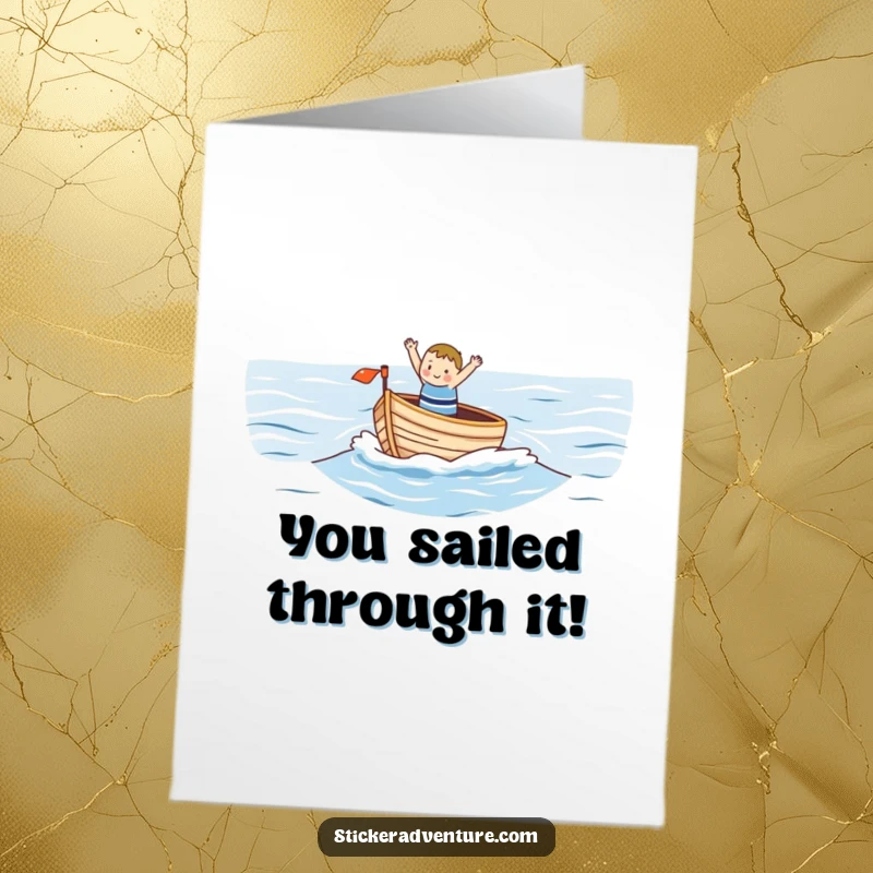 Funny Free Printable Congrats Card: Happy character in a boat on the ocean, waving victoriously, a cheerful download.