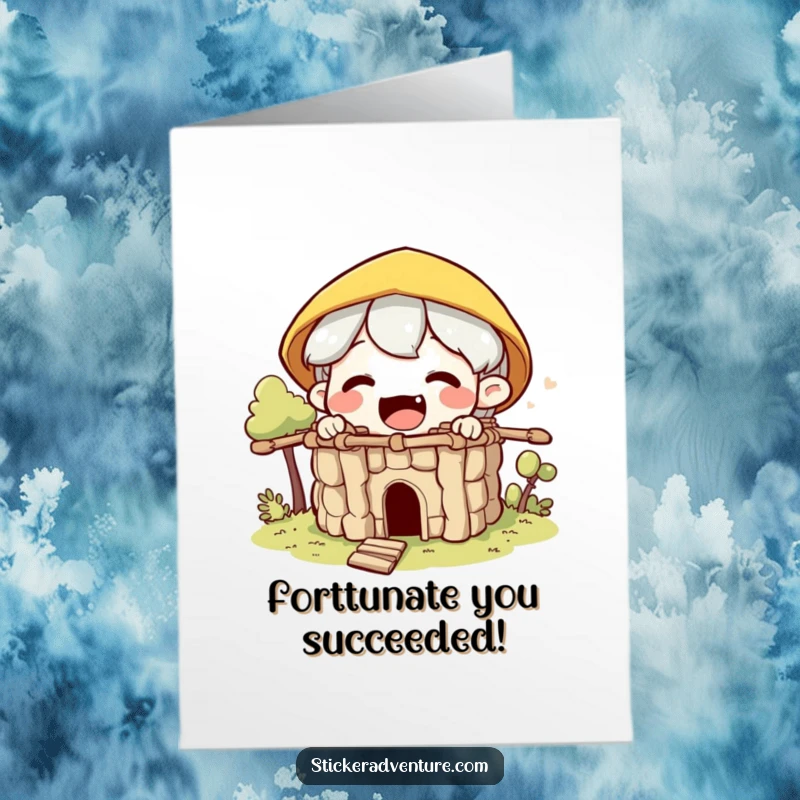 Funny Free Printable Congrats Card: A delighted character proudly erects a stick fort, celebrating your successful build.