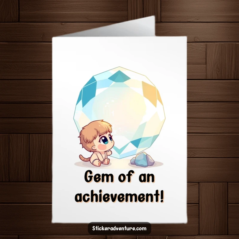 Funny Free Printable Congratulations Card: Curious character mesmerized by a huge, sparkling gemstone, celebrating a brilliant success.