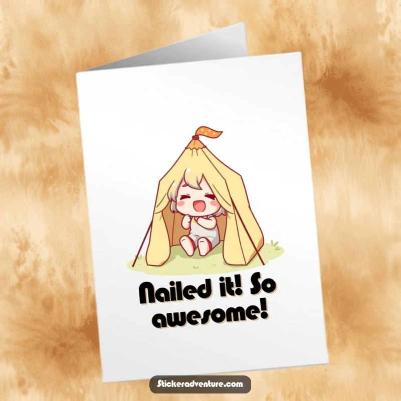 Funny Free Printable Congrats Card: Character happily setting up a small tent, celebrating a completed task.