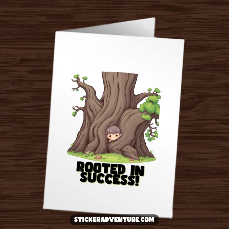 Funny Free Printable Congratulations Card featuring a character peeking out from behind a large, gnarled ancient tree, conveying a hidden message.