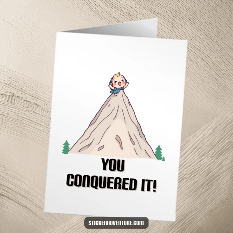 Funny Free Printable Congrats Card: Cheerful character reaching a mountain summit with a backpack, celebrating victory.